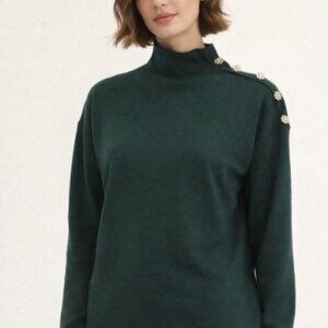 Tahari L Forest Green Mock Neck Soft Floret Crystal Buttons Classic Sweater NWT